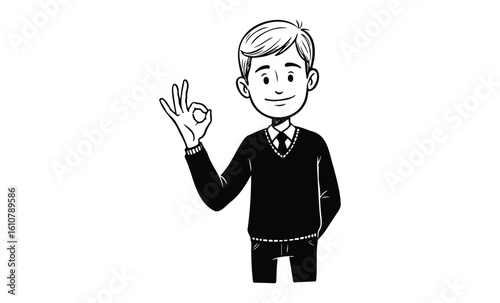 Smiling young caucasian male cartoon showing ok hand gesture in black sweater. Vector retro hand drawn illustration