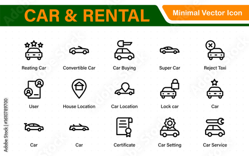 Car and rental icons in modern thin line style. Covers vehicle hire, transport services, road trips, navigation, fuel, maintenance, and car-related logistics.