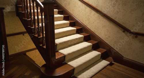 staircase in the old house, Elegant wooden staircase featuring plush carpet runner with subtle grey pattern. Interior design element combines classic style with modern comfort, safety. Rich wood finis