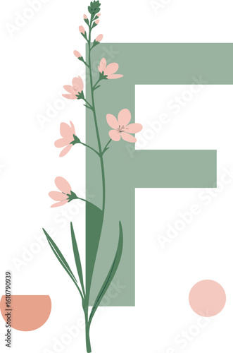 Letter F floral design with pink flowers and green leaves minimalist vector illustration for decorative use 