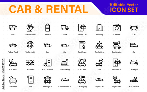 Car and rental icons in modern thin line style. Covers vehicle hire, transport services, road trips, navigation, fuel, maintenance, and car-related logistics.