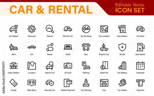 Car and rental icons in modern thin line style. Covers vehicle hire, transport services, road trips, navigation, fuel, maintenance, and car-related logistics.
