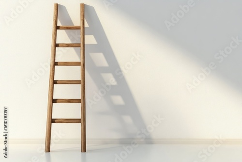 Wooden ladder casting shadow on white wall indoors