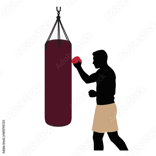 Silhouette of boxer hitting punching bag, fitness motivation