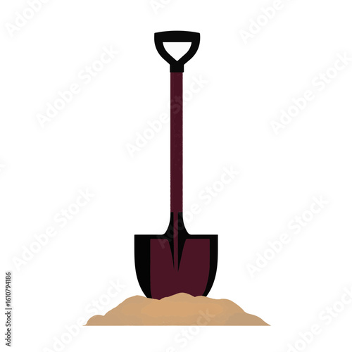 Black silhouette shovel icon on sand, construction symbolism