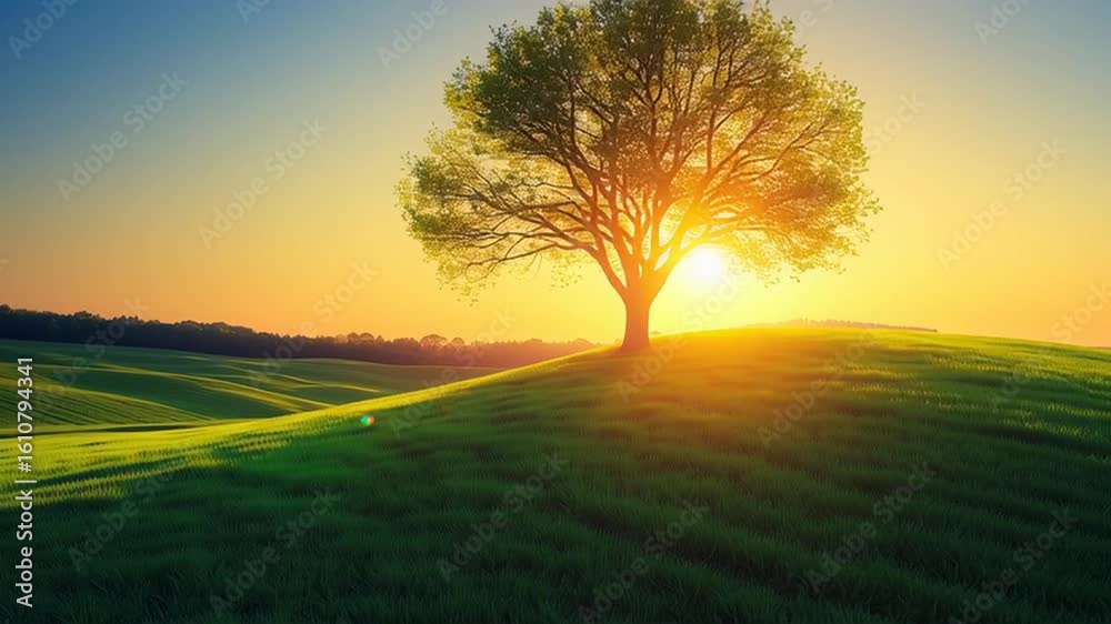 Majestic tree stands alone on a gentle hill, bathed in warm sunlight, casting long shadows across the lush green grass, creating a serene and tranquil landscape scene Majestic tree stands alone on a gentle hill, bathed in warm sunlight, casting long shadows across the lush green grass, creating a serene and tranquil landscape scene