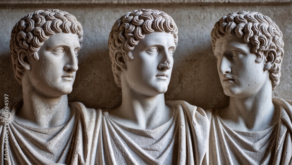 Obraz premium Classical Roman Sculptures Displaying Three Busts of Youthful Men with Curly Hair, Capturing Expressions of Contemplation and Elegance in Stone Craftsmanship