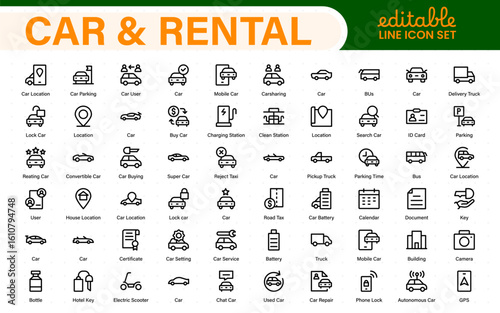 Car and rental icons in modern thin line style. Covers vehicle hire, transport services, road trips, navigation, fuel, maintenance, and car-related logistics.