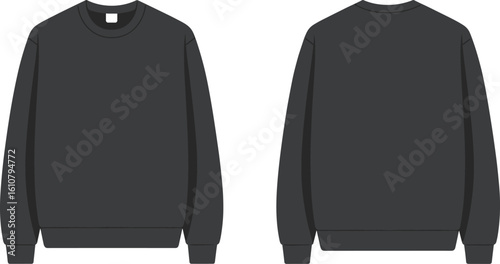 Black crewneck sweatshirt mockup front and back view, flat vector design, blank unisex apparel template, casual clothing layout for fashion, branding, print design