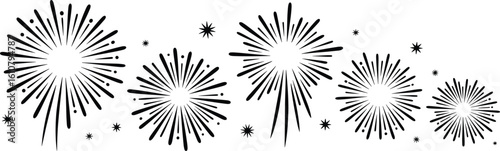 Black fireworks burst vector illustration, celebratory explosion elements, silhouette firework display on white background, festive graphic decoration, party celebration night symbol design