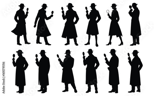 Detective Silhouette Icon Pack – Classic Investigator Poses with Magnifying Glass for Mystery & Crime Themes