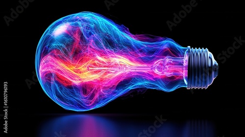 nature conservation concept. Glowing light bulb with colorful energy patterns inside.