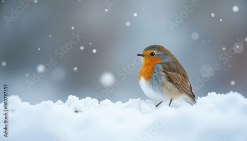 Adorable European Robin Perched on Snow-Covered Ground Amidst Falling Snowflakes