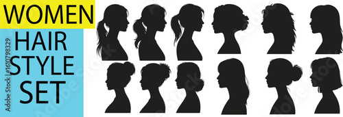Collection of twelve woman silhouette profiles showcasing various elegant hairstyle designs set against white