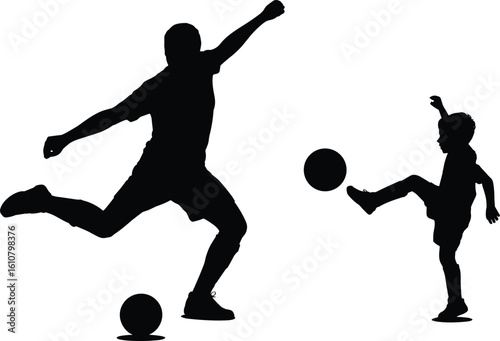 Silhouette of father and son playing soccer outdoors, joyful family bonding, parenting moments, active lifestyle, kids sports, soccer training