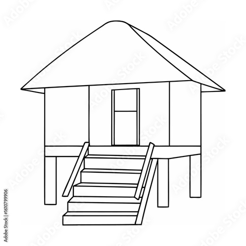 Elevated dwelling with steep roof and wooden stairs