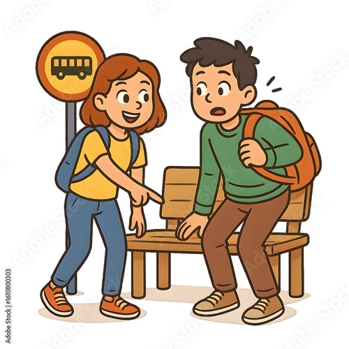Cartoon Kids Talking at Bus Stop – Friendly School Interaction Illustration