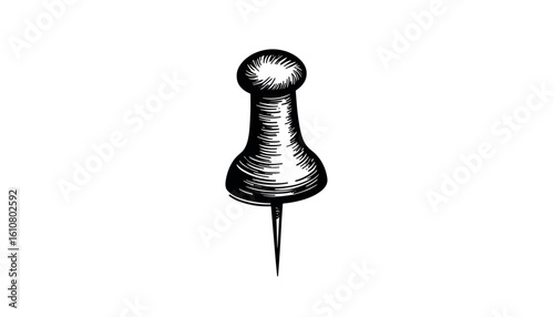Illustration of a black and white push pin on a plain background  