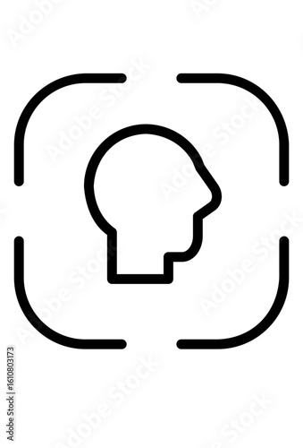 Human head in targeting frame, facial recognition, identity scan.
Profile of a person's head within a focus box icon.
Biometric scan symbol: head outline within a digital recognition frame
