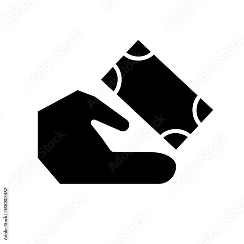 Hand giving or receiving money/card icon.
Payment transaction symbol: hand holding currency.
Financial exchange graphic: hand and banknote.
