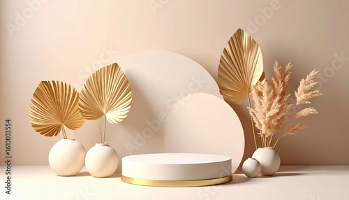 Elegant minimalist display with decorative vases and golden leaves studio setting still life art soft lighting aesthetic design