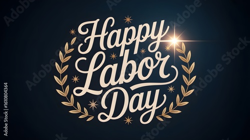 Golden “Happy Labor Day” Typography with Laurel Wreath and Star Accents on Dark Background