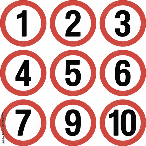 Collection of ten circular road signs displaying numbers one through ten