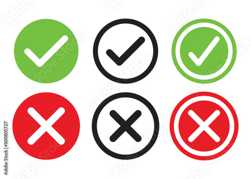 Check box tick mark icon set button correct right wrong buttons or yes or no checkmark red cross green tick vector illustration.