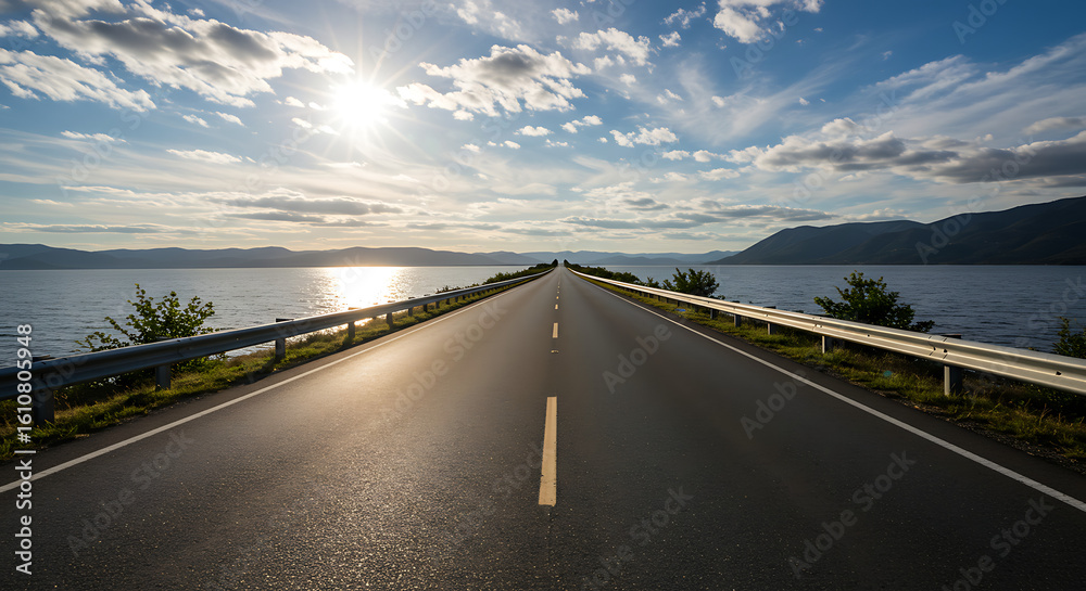 Fototapeta premium Road to adventure: a picturesque highway by the water's edge, under a bright, inviting sky.