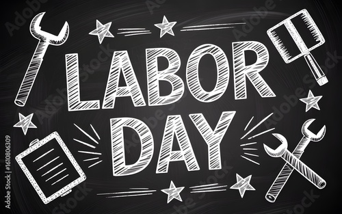 Hand-Drawn Chalkboard “LABOR DAY” Illustration with Tools and Stars for Community Tribute Design