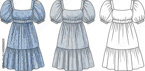 Blue patterned puff sleeve dress, square neckline, empire waist, tiered skirt, casual summer fashion, feminine style, elegant outfit, women’s clothing, cad drawing flat vector illustration