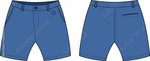 Blue men's shorts vector illustration, front and back views, casual summer clothing, belt loops, side pockets, fashion design, cad drawing, flat style