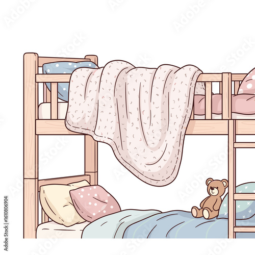 Bunk bed with cozy bedding and teddy bear in children's room  