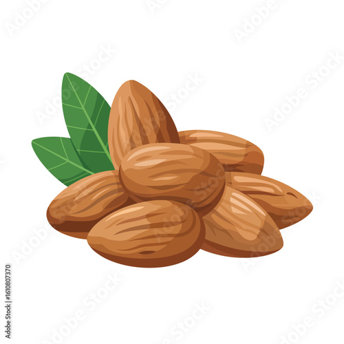 Pile of fresh almonds with green leaves on white background