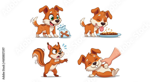 Cartoon dogs interacting with food and a squirrel, showing happy and playful expressions.