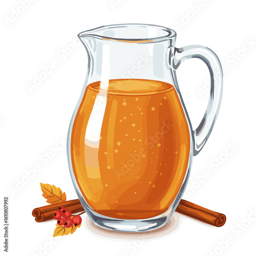 Glass pitcher filled with spiced apple cider and cinnamon sticks  