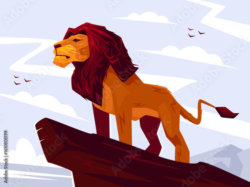 Lion standing on top of a rock. Cartoon vector illustration
