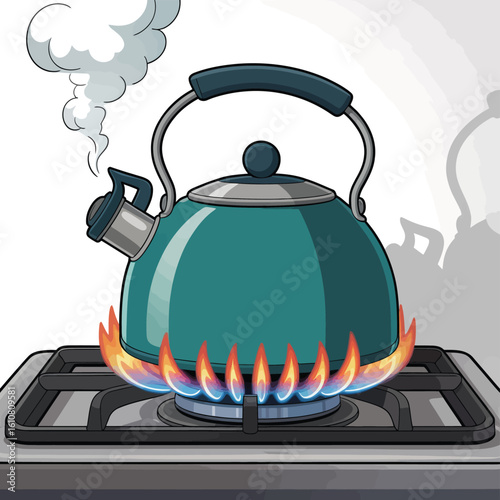 Teal stovetop kettle with steam and flames on a gas burner