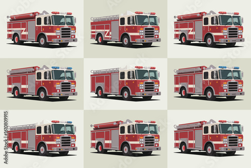 Collection of nine identical red fire trucks in a grid pattern