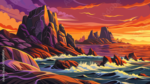 rocky beach with sea waves and stones vector illustration
