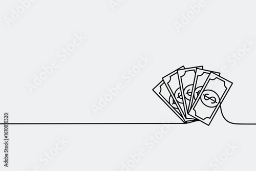 Continuous line drawing of fan of dollar bills on a white background