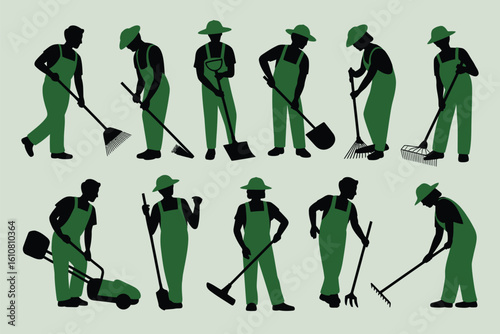 Gardening and landscaping silhouettes of workers performing various tasks