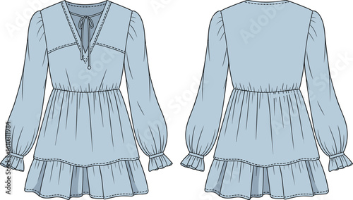 Boho Style Mini Dress CAD, Long Sleeve Tunic with Ruffle Hem, Tie Neckline, Fashion Flat Sketch, Vector Technical Illustration