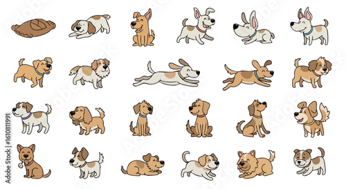 A collection of cartoon dogs in various poses and with different coloring.
