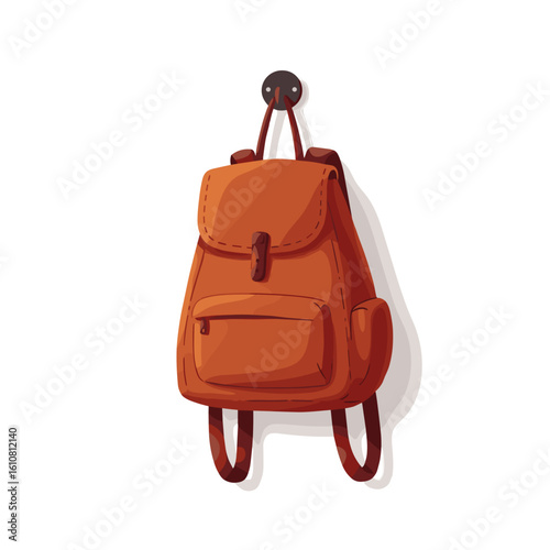 Orange backpack hanging on a wall hook with shadow  