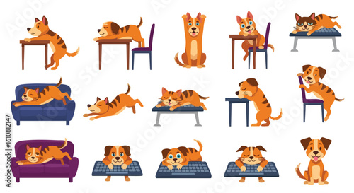 A collection of cartoon dogs in various playful poses, interacting with furniture and household objects.