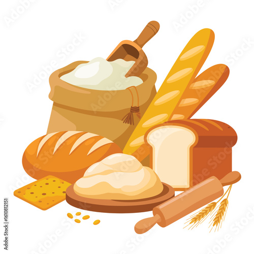 Delicious assortment of freshly baked bread and baking ingredients