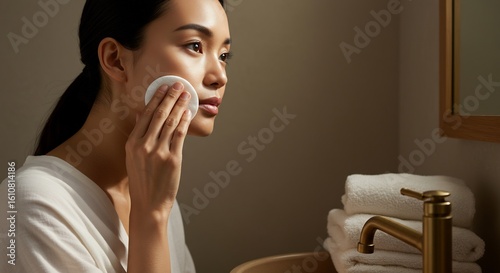 Young woman applying product to her face with a cotton pad in a bathroom