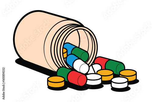 Pills and capsules spilling out of a medicine bottle