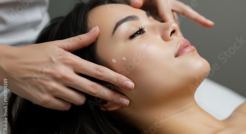Young woman receives a facial treatment with two drops of product on her cheek hands applying care